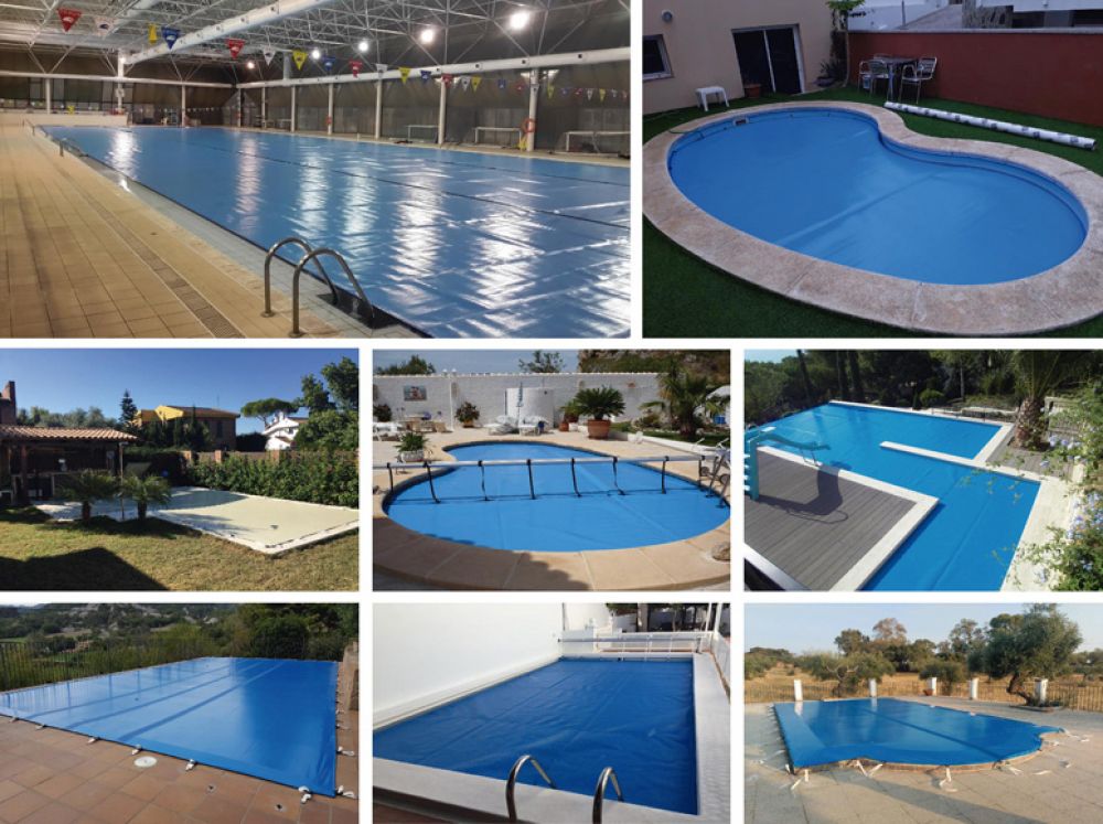 Different types of large buoyancy covers to protect the pools during the summer.